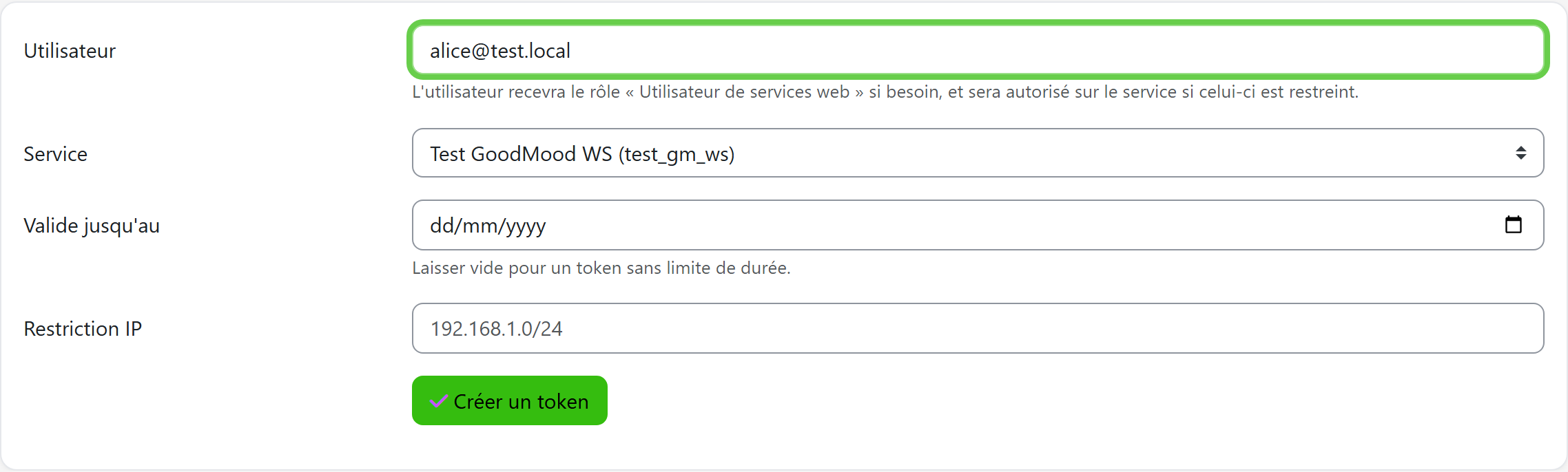 Formulaire de création d un token : utilisateur, service, date de validité, restriction IP
