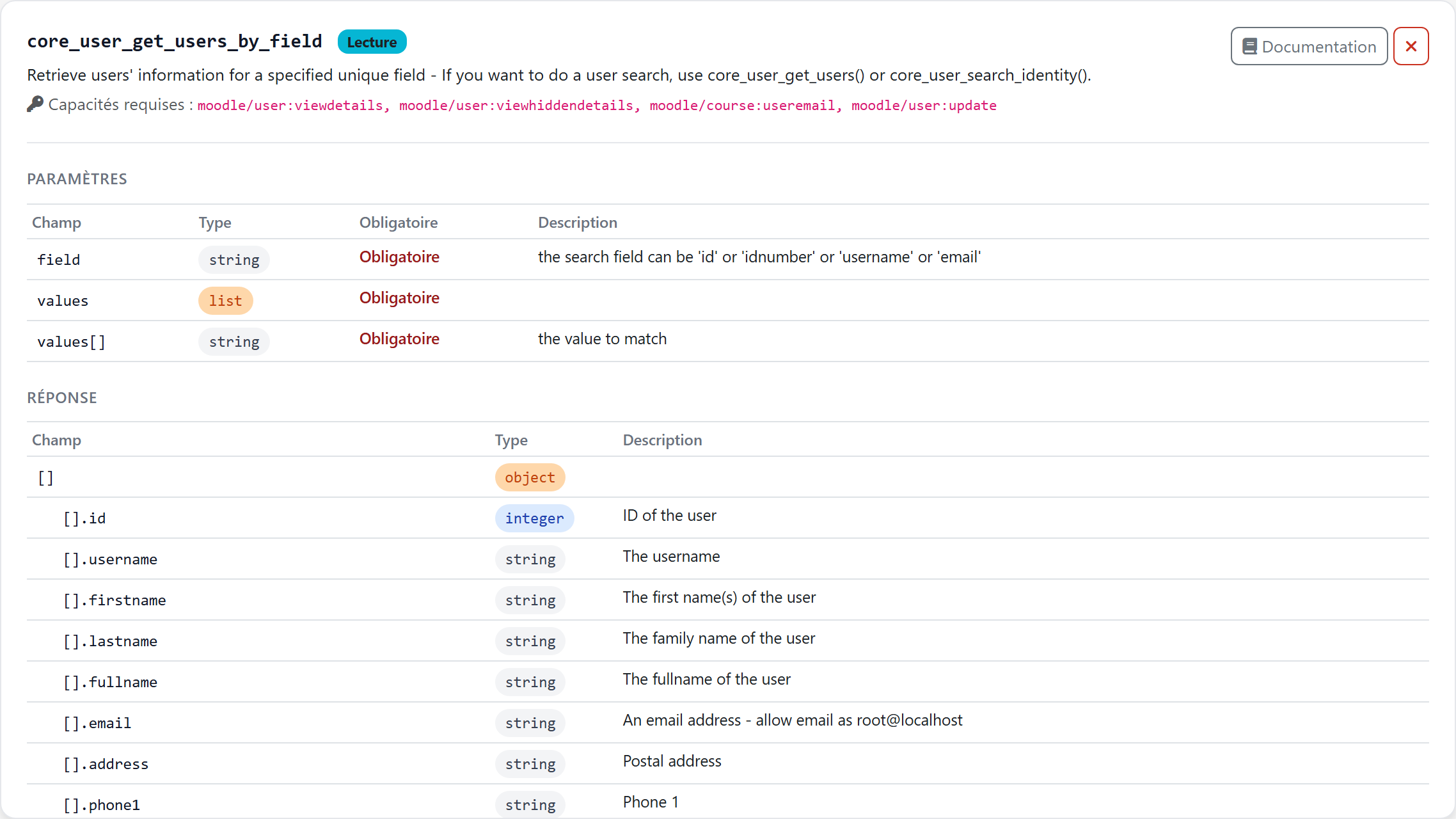 Documentation de la fonction core_user_get_users_by_field : capacités requises, paramètres et réponse