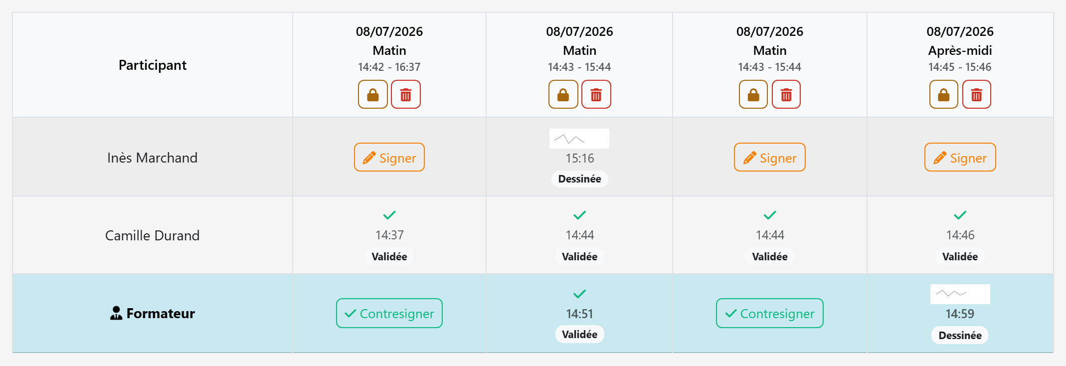 Feuille d émargement numérique dans Moodle : créneaux par demi-journée, signatures horodatées et ligne de contresignature du formateur