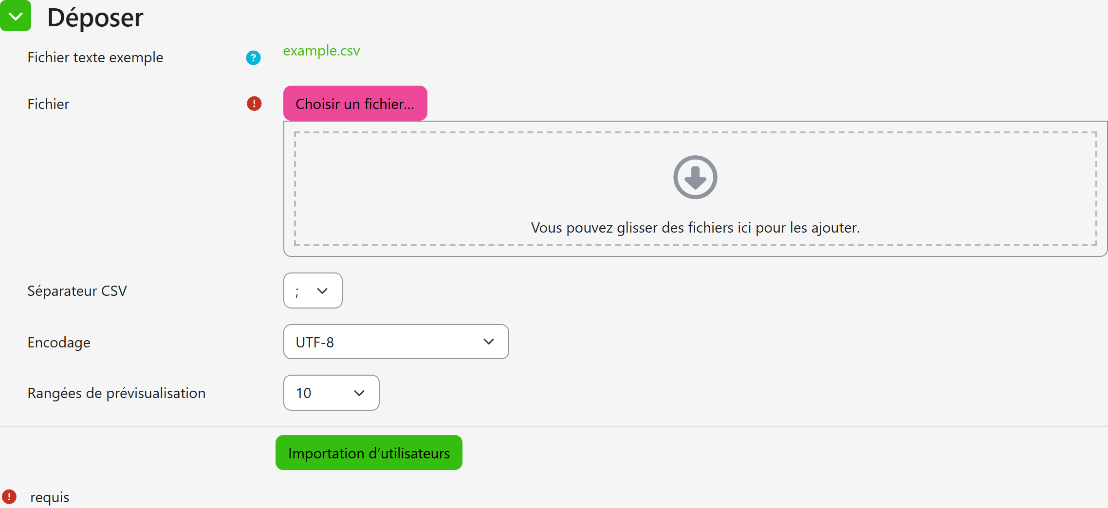 Importation d utilisateurs Moodle par fichier CSV : séparateur, encodage et prévisualisation