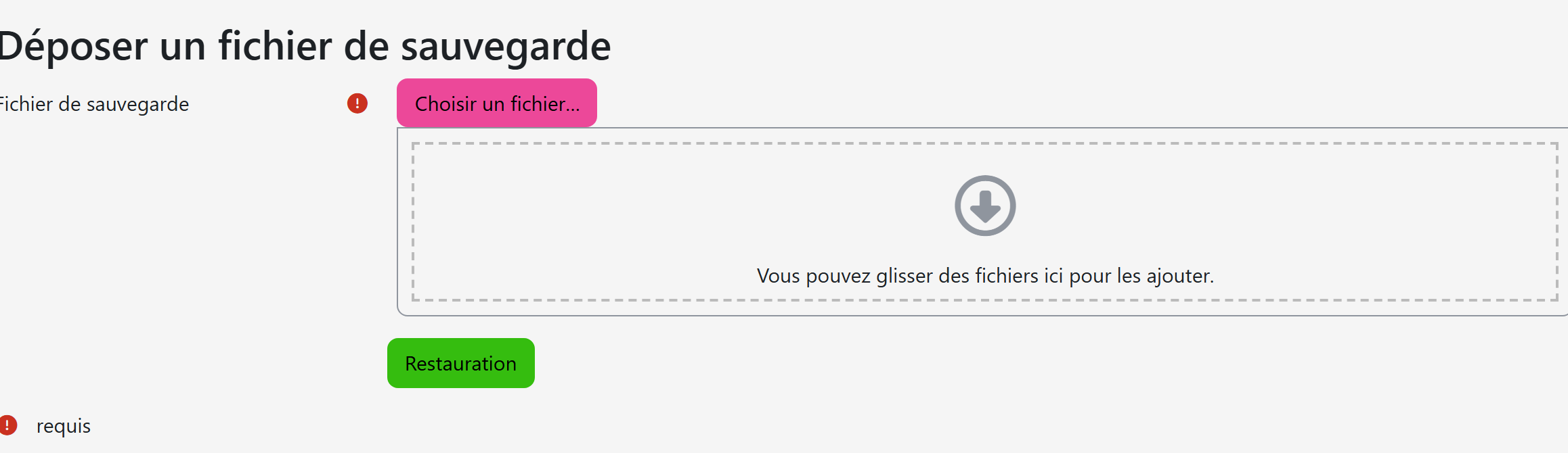 Écran de restauration Moodle : dépôt du fichier de sauvegarde .mbz