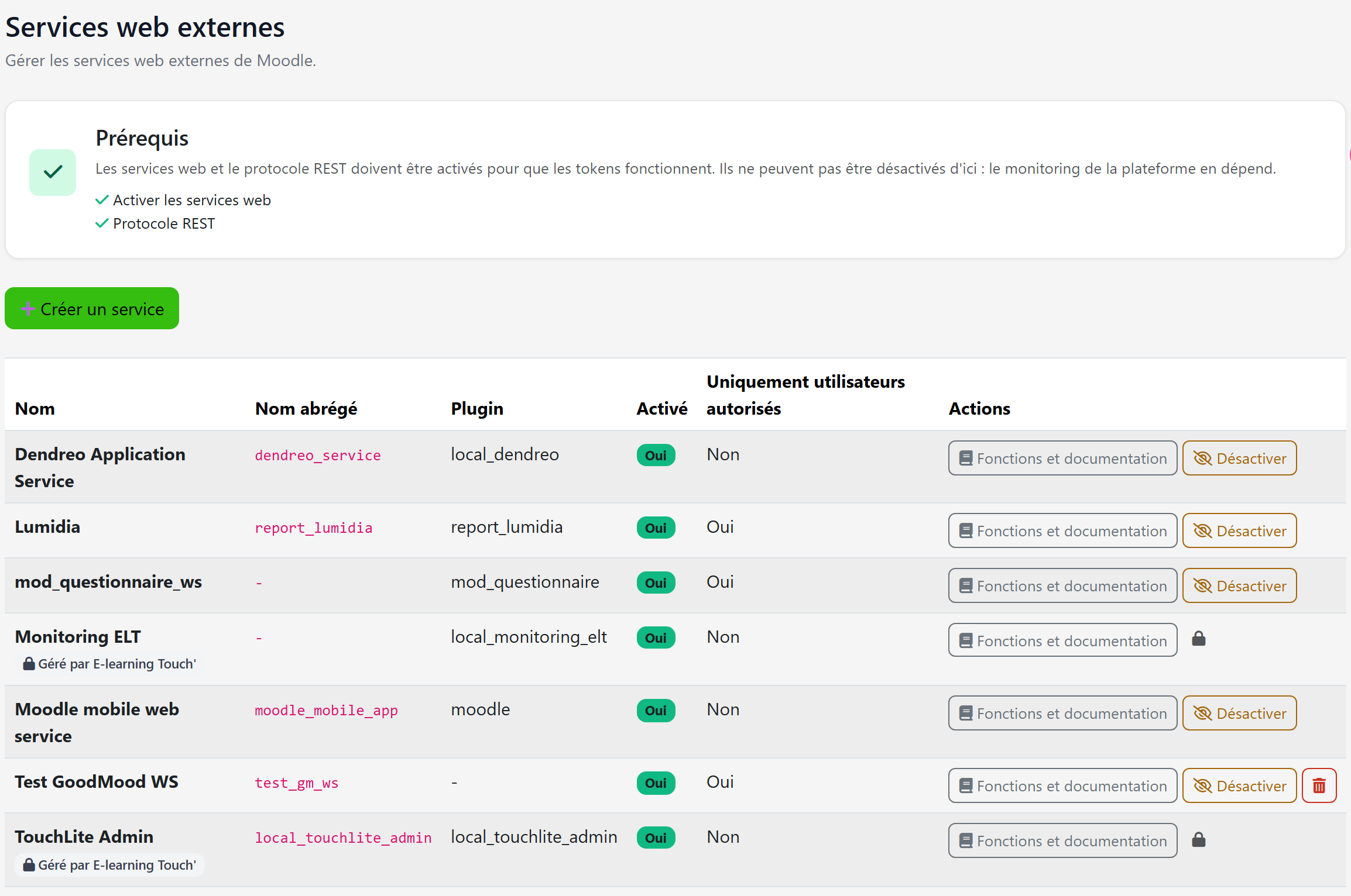 Page Services web de l administration GoodMoodLMS : prérequis activés, liste des services et bouton Créer un service