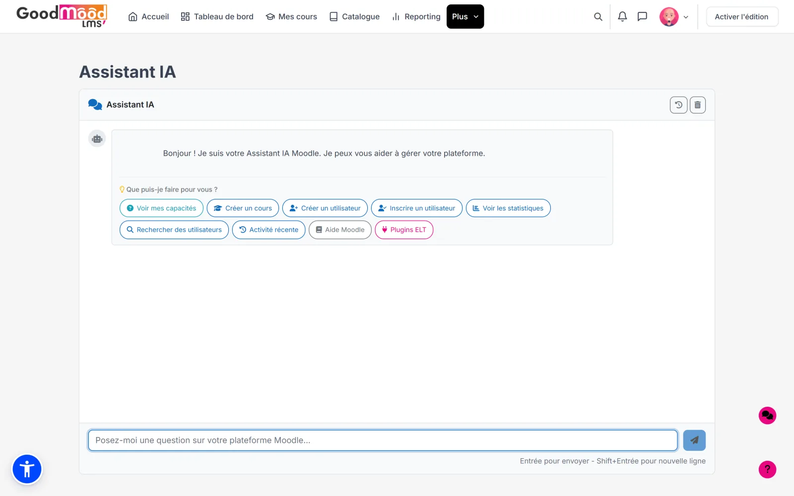 Assistant IA de GoodMoodLMS : actions proposées pour gérer la plateforme